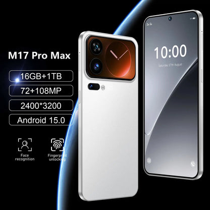 M17 Pro Max smartphone by AdTec; two silver devices shown, front and rear views emphasizing the camera module.