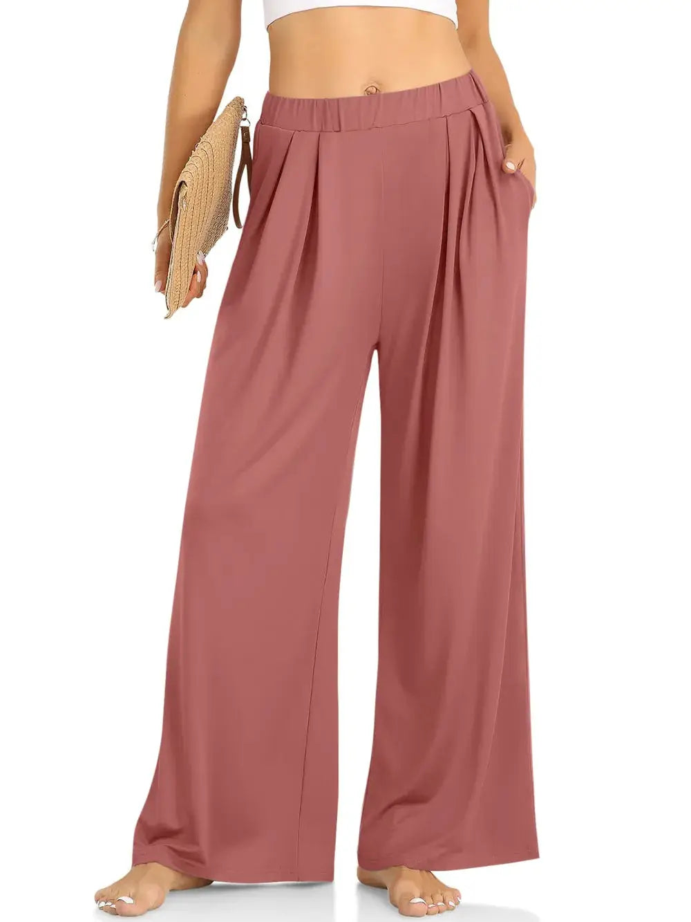 Elastic waist wide-leg Palazzo pants in dusty rose mauve.