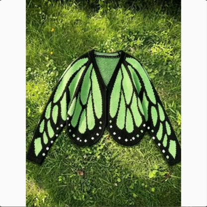 Women's butterfly-knit cardigan in green and black with open front and long sleeves