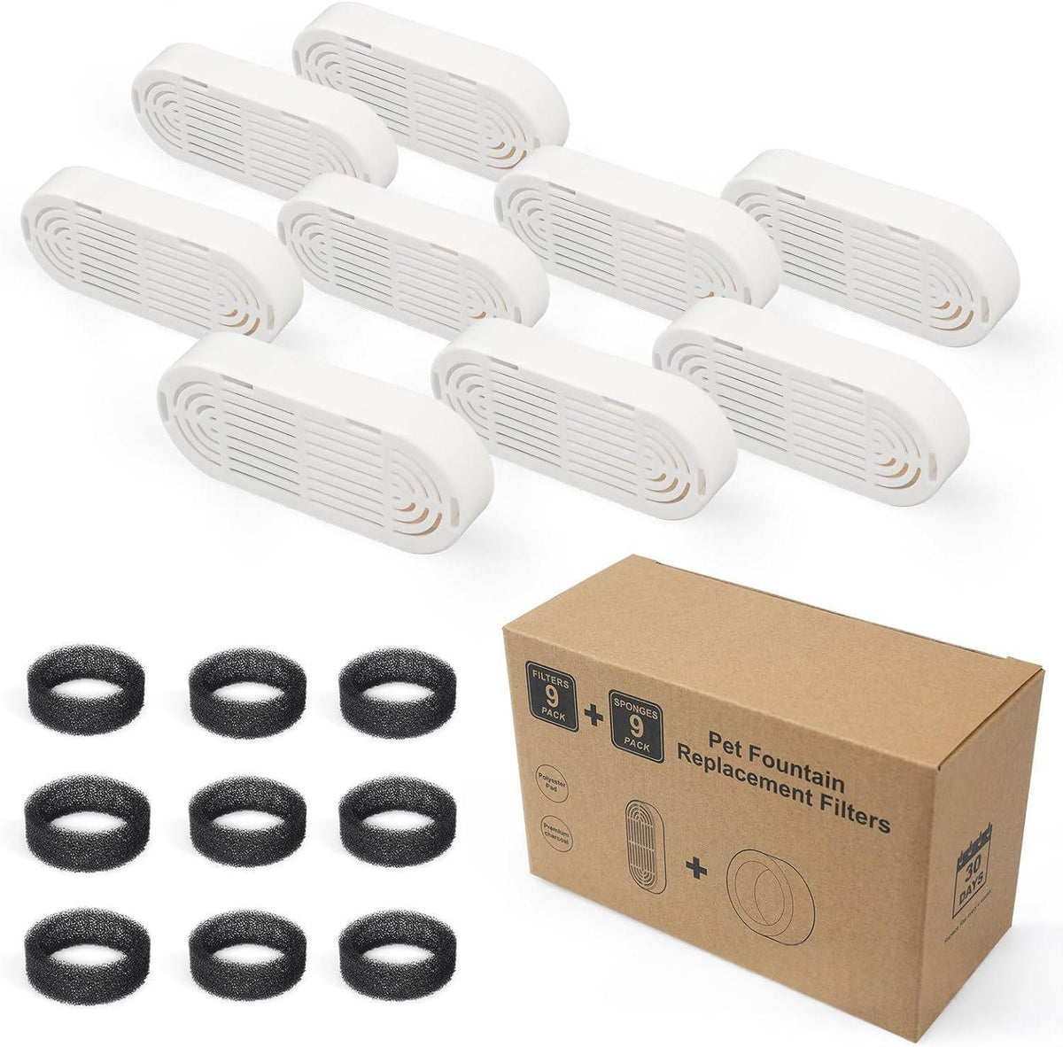 Pet fountain replacement filters kit with white plastic housings and black foam rings, 9-pack