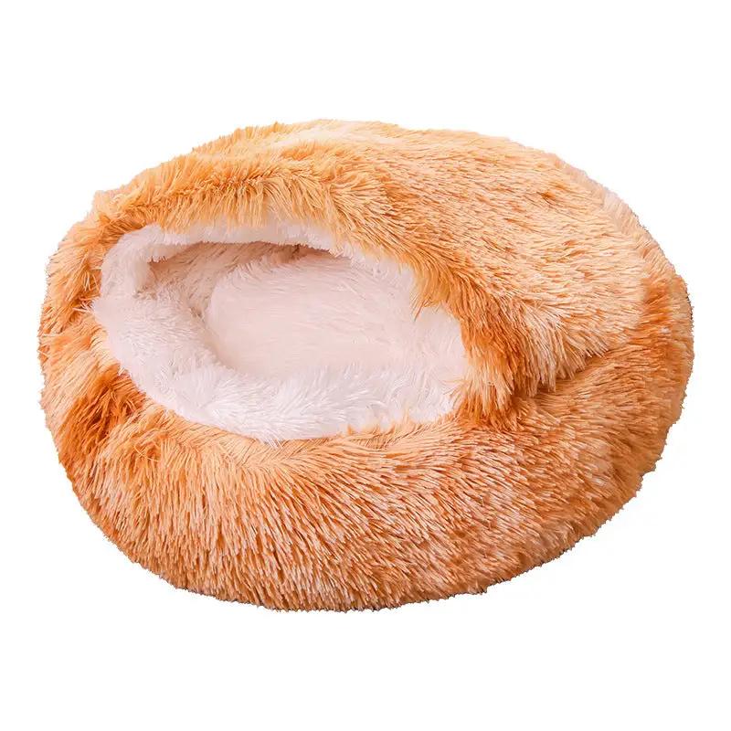 AdTec Deep Sleep Half-pack semi-enclosed plush round pet bed, donut-style, peach with white interior