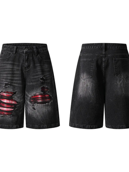 Men's distressed black denim shorts with red plaid patch accents and pockets by Trendsi.