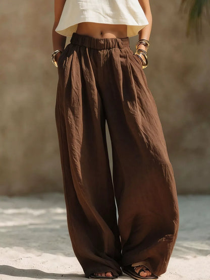 Full-size elastic waistband wide-leg palazzo pants, brown plus-size with pockets