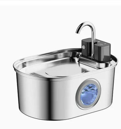 Water Feeder Stainless Steel Pet Water Dispenser with chrome finish, top faucet and built-in reservoir