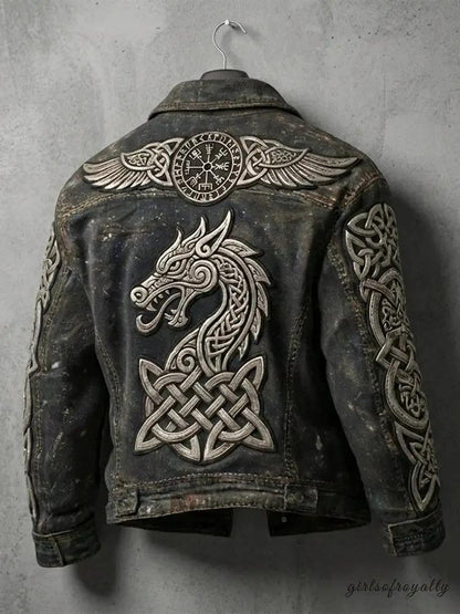 Autumn Retro Washed Long-Sleeve Denim Jacket by AdTec with dragon and Celtic knot embroidery on back and sleeves.