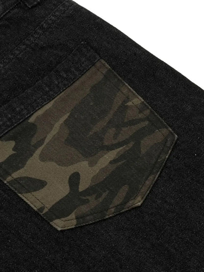 Men's distressed cotton denim Bermuda shorts with camo pocket patch