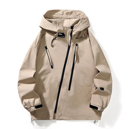 Mens AdTec beige hooded workwear jacket with black zippers