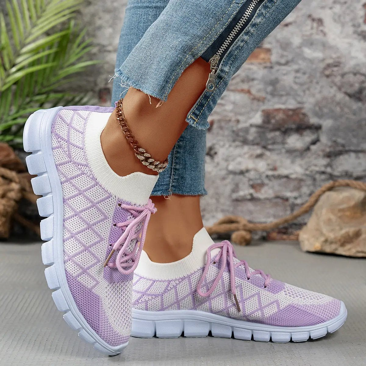 Colorblock plaid lace-up Flyknit sneakers for women, lavender knit upper with pink laces and thick white sole