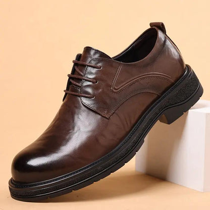 AdTec leather men's oxford shoes, brown genuine leather with thick sole for casual formal wear