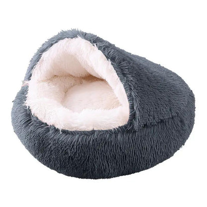 Deep Sleep half-pack semi-enclosed plush donut-style round pet bed by AdTec, dark blue exterior with cream interior.