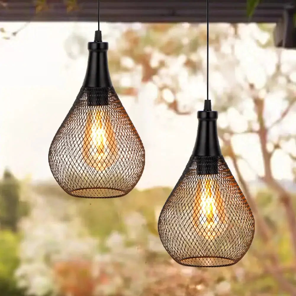 Battery Operated Hanging Lamps pair of black metal mesh teardrop shades with warm Edison bulbs by JHY DESIGN