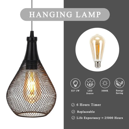 Battery-operated hanging lamp by JHY DESIGN with a black mesh teardrop shade
