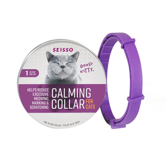 Purple cat calming collar; 30-day adjustable collar for anxiety relief, shown with round tin packaging
