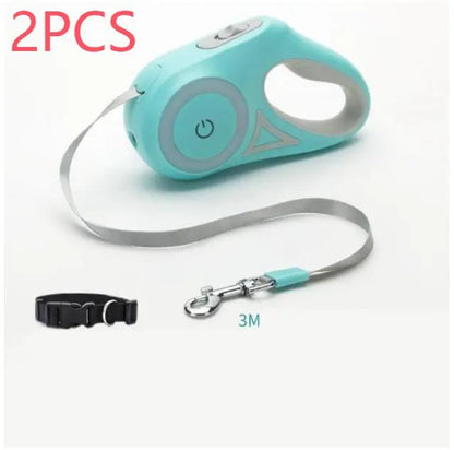 Dog leash and collar set by AdTec: turquoise retractable leash with gray cord and black collar (2 pieces)