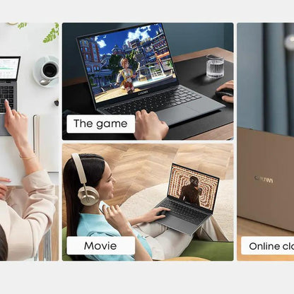 Laptop CHUWI collage: two laptops and a CHUWI box displaying gaming and movie scenes