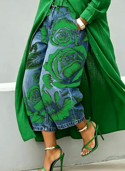 Green wide-leg mid-rise capri jeans with blue denim and green rose print