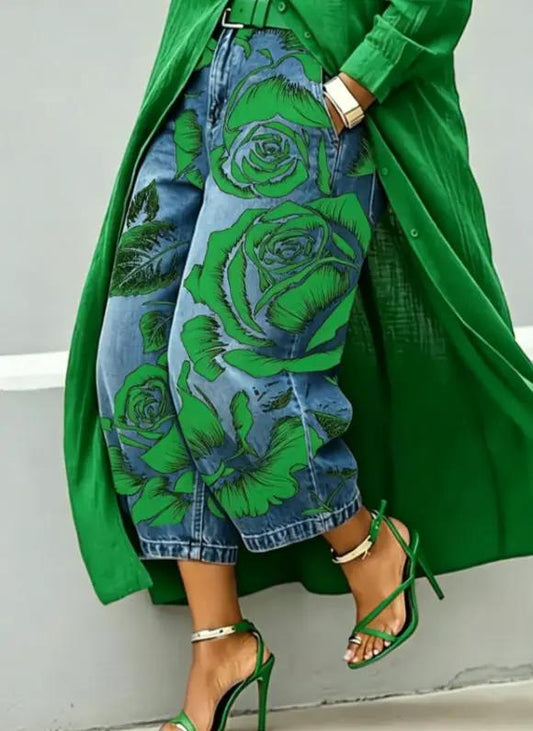 Green wide-leg mid-rise capri jeans with blue denim and green rose print