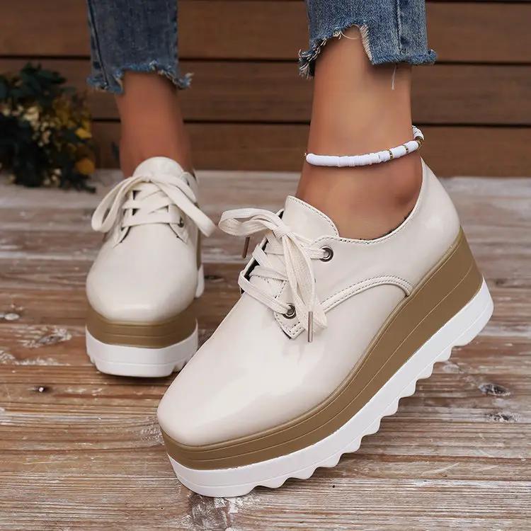 Womens lace-up square-toe patent leather platform wedge heels, beige patent, pair shown