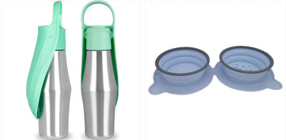 Two stainless steel pet water bottles with green silicone leaf sleeves and blue silicone travel bowls