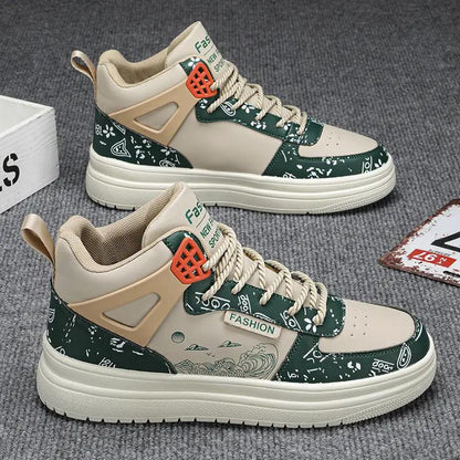 Aura Beige Green Plaid Flat Heel Warm Athletic Shoes pair by AdTec, beige with green plaid panels and chunky sole