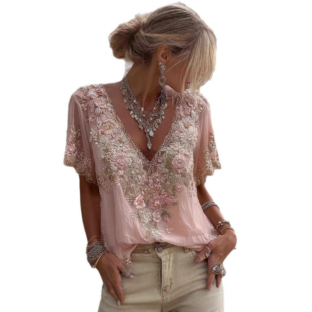 Top de mujer con cuello de pico, estampado 3D y manga corta, con un elegante estilo artístico y vintage