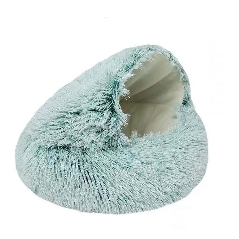 Plush shell pet nest bed in light blue, soft faux fur fabric, AdTec.