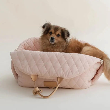 Pet Handbag Cat Carrier pink quilted fabric with beige carrying handles