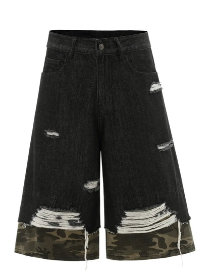 Mens Distressed black denim Bermuda shorts with camo trim and ripped detailing