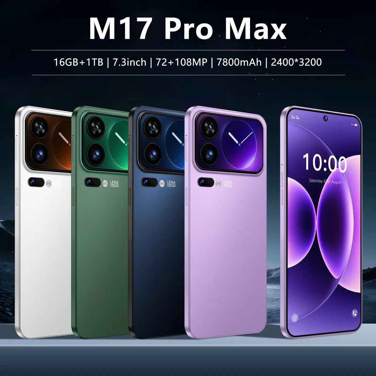 M17 Pro Max Smartphone five-color AdTec lineup: white, green, blue, purple, lavender with front display