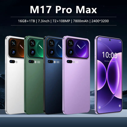 M17 Pro Max Smartphone five-color AdTec lineup: white, green, blue, purple, lavender with front display