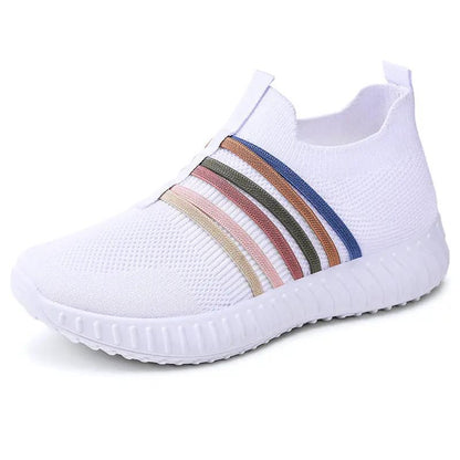 Women's plus-size breathable mesh slip-on sneakers with multicolor stripe bands and cushioned sole
