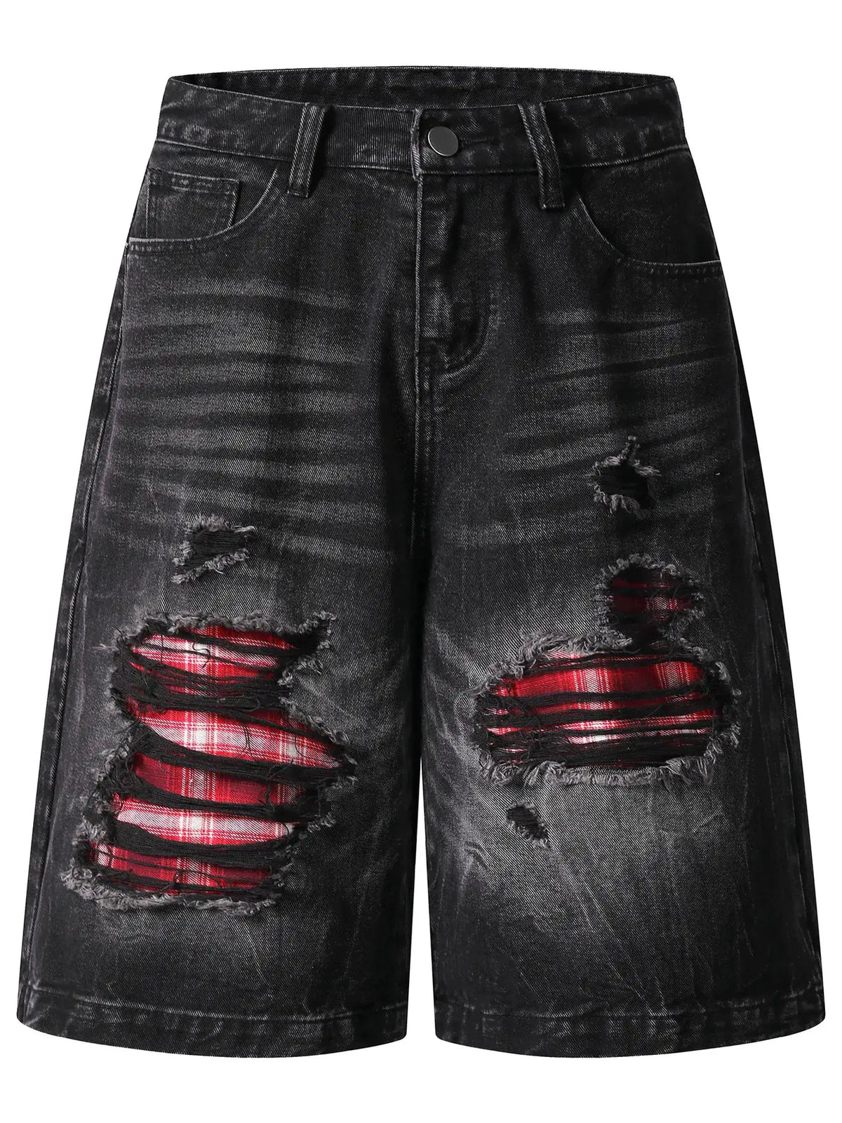 Mens distressed denim shorts in black with red plaid patches and front pockets