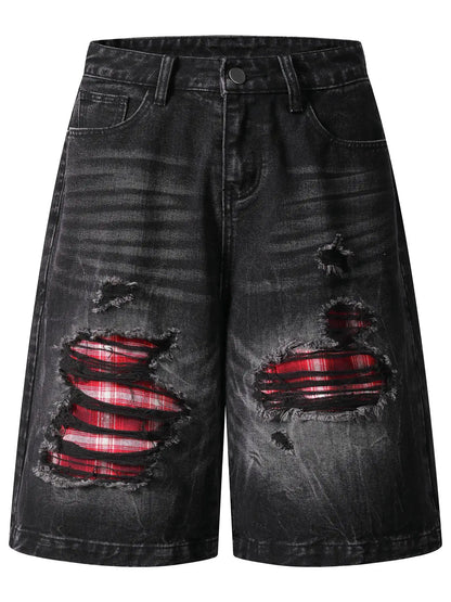 Mens distressed denim shorts in black with red plaid patches and front pockets