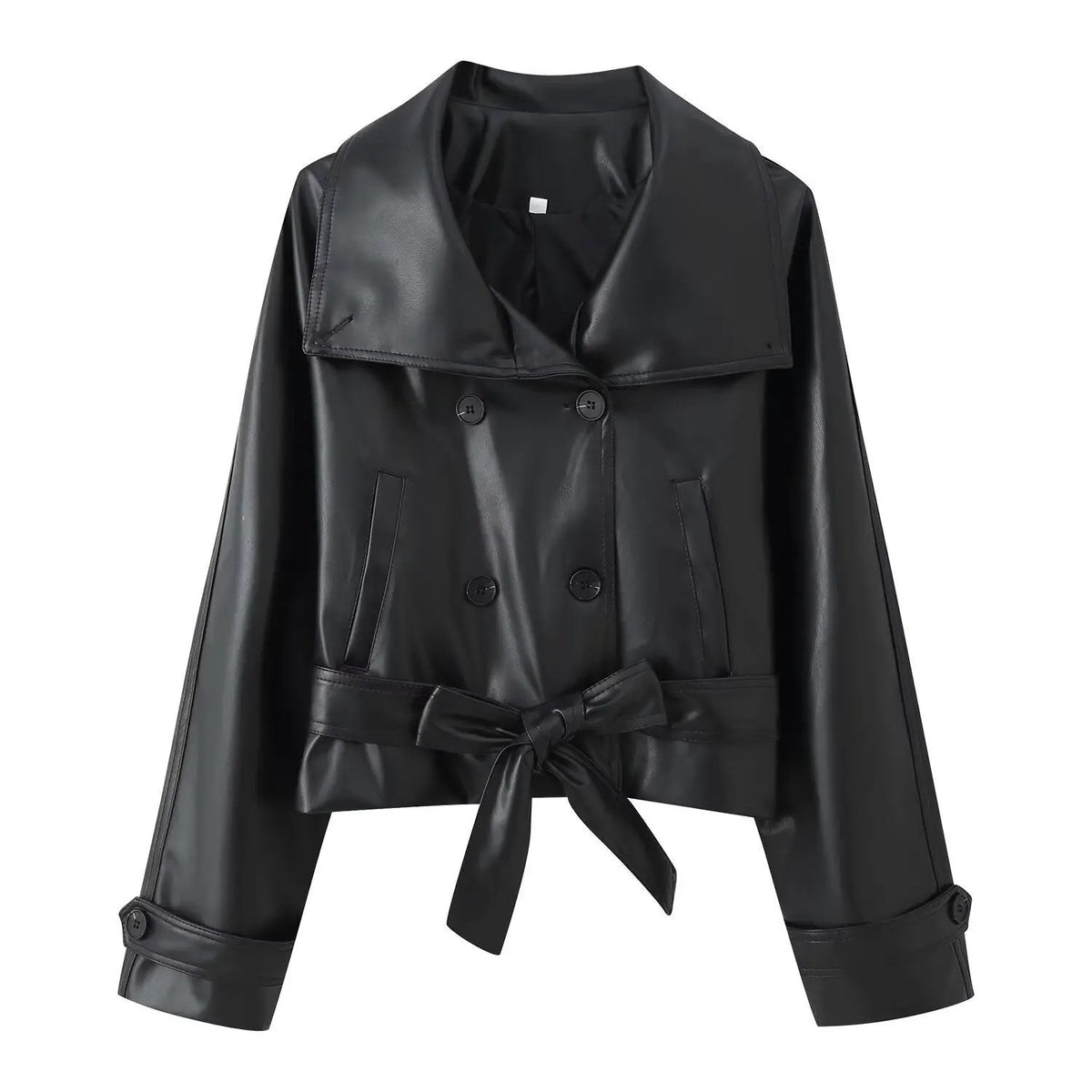 Trendy Wild two-color double-breasted short lace-up leather coat with waist belt in black