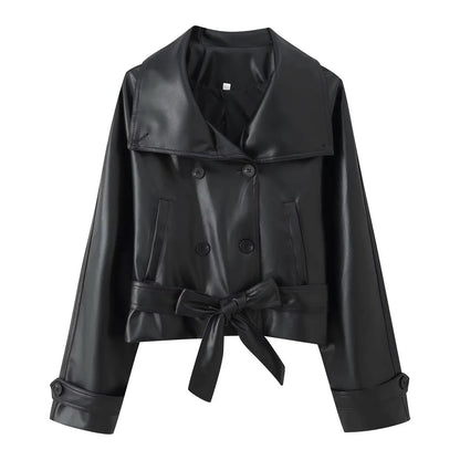 Trendy Wild two-color double-breasted short lace-up leather coat with waist belt in black