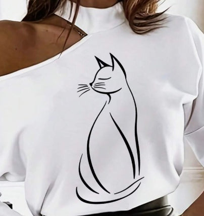 Camiseta de manga larga blanca para mujer con patrón de dibujos animados y diseño de hombros descubiertos, blusas gráficas para mujer para el atuendo de primavera