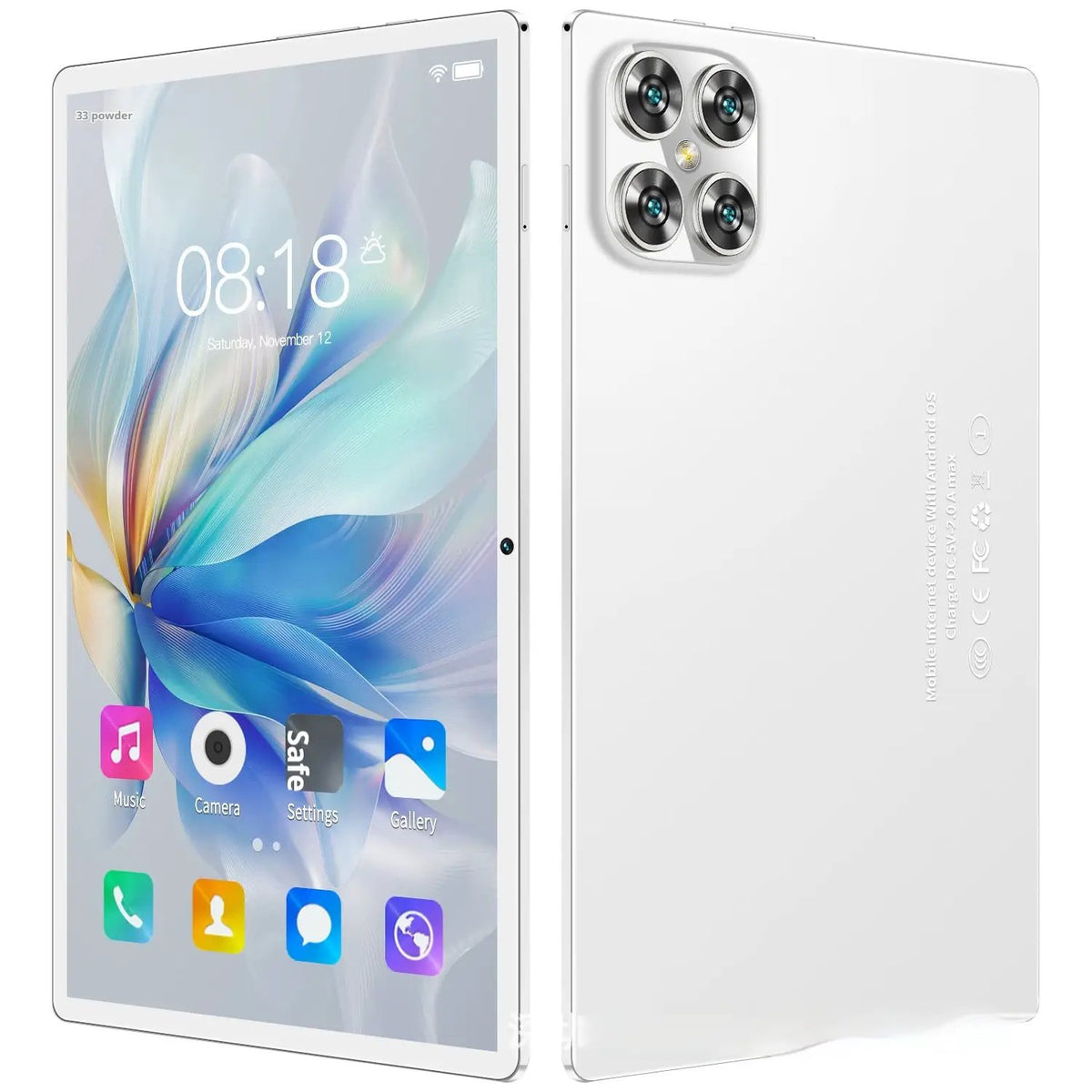 AdTec 10-inch white learning tablet front and back views with quad-camera rear module