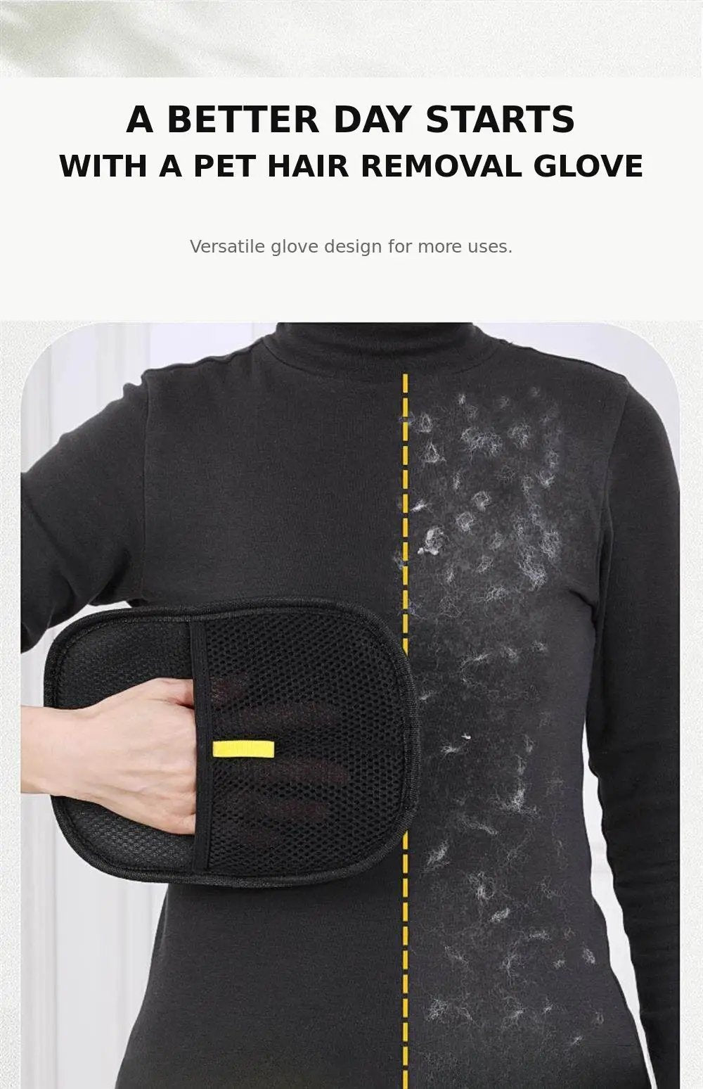 Pet hair removal glove, black with yellow accents, electrostatic two-way bristle design for cat hair