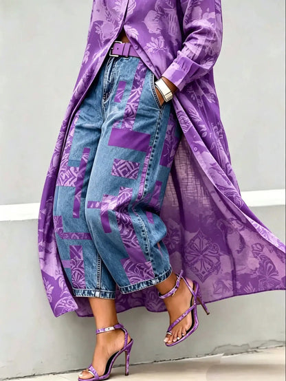 Two-piece purple outfit: floral long coat with patchwork denim capri pants in purple patches, paired with strappy purple heels.