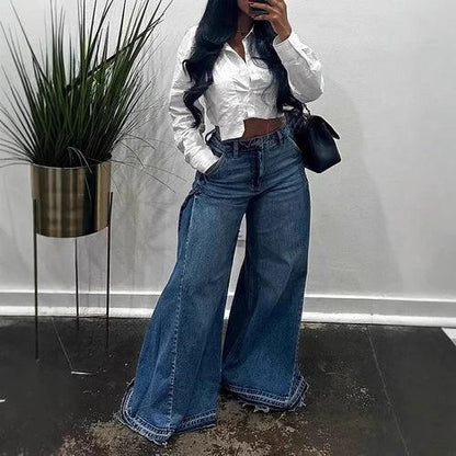 Loose Wide Leg Jeans Stitching Bell-bottom Pants Tassel Trousers by JeansDenim.Store