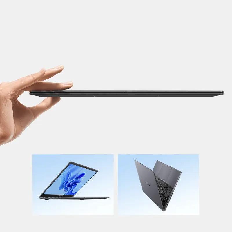 AdTec laptop ultrathin black side profile held in hand; two additional views show open and top-down angles.