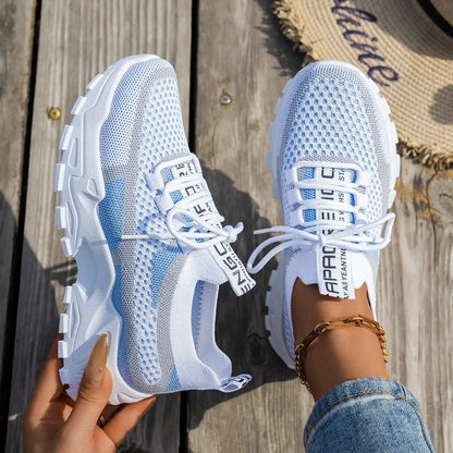 Flyknit mesh women's sneakers, white/blue, breathable lace-up walking and running shoes