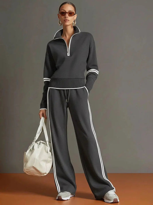 Women active cotton long sleeve two-piece sports set in charcoal with white piping, zip-neck top and wide-leg pants