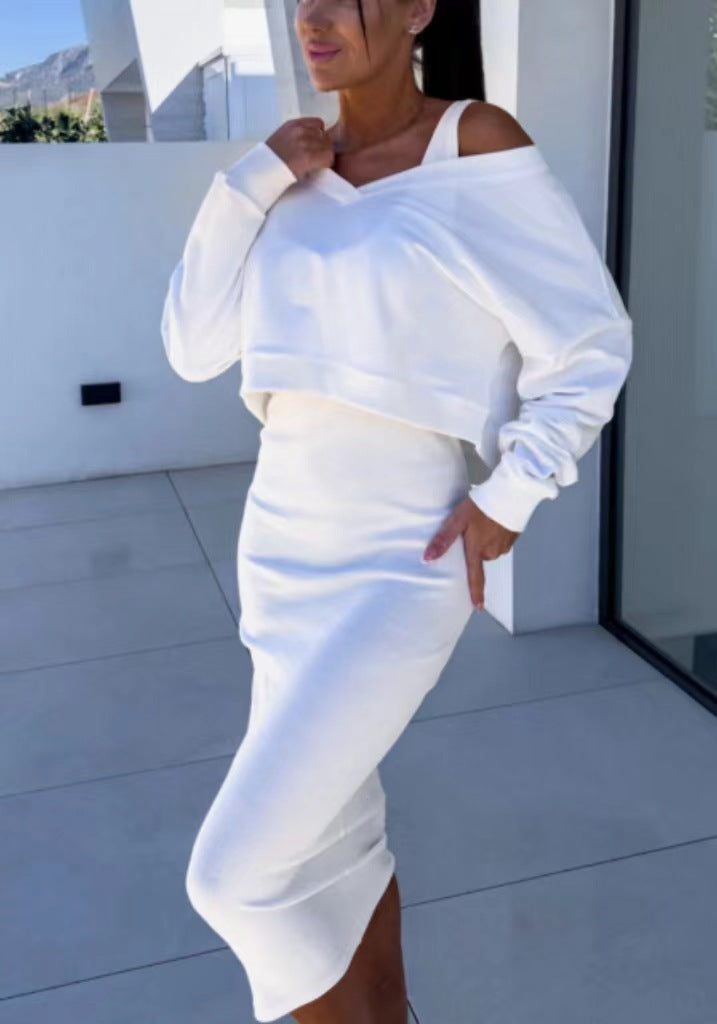 Traje de dos piezas para mujer, moda, sudadera de manga larga con cuello en V y conjunto de vestidos sin mangas