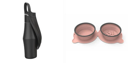 Portable dog water bottle in black with two pink silicone leaf-design bowls for outdoor travel