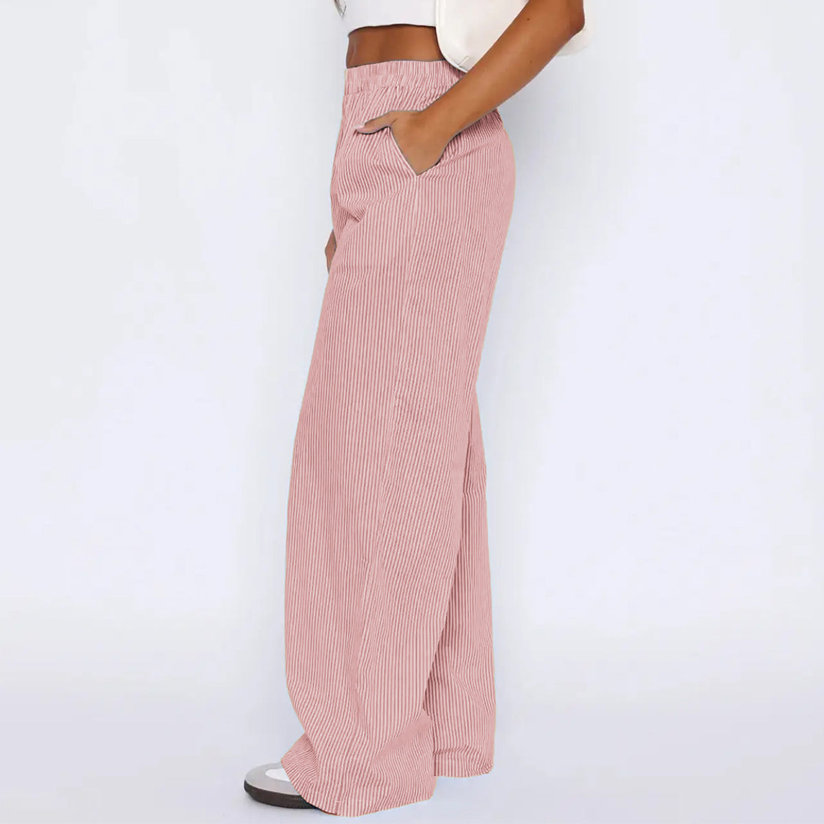 Pantalon rayé avec poches, pantalon décontracté et ample à jambe droite pour femmes