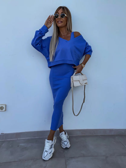 Traje de dos piezas para mujer, moda, sudadera de manga larga con cuello en V y conjunto de vestidos sin mangas