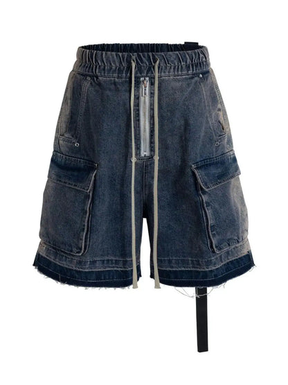 Mens cargo denim shorts with drawstring waistband, front zipper, and cargo pockets.
