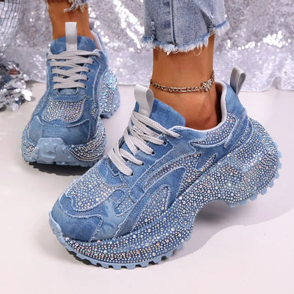 Womens blue denim sneakers with rhinestones and a height-increasing thick sole