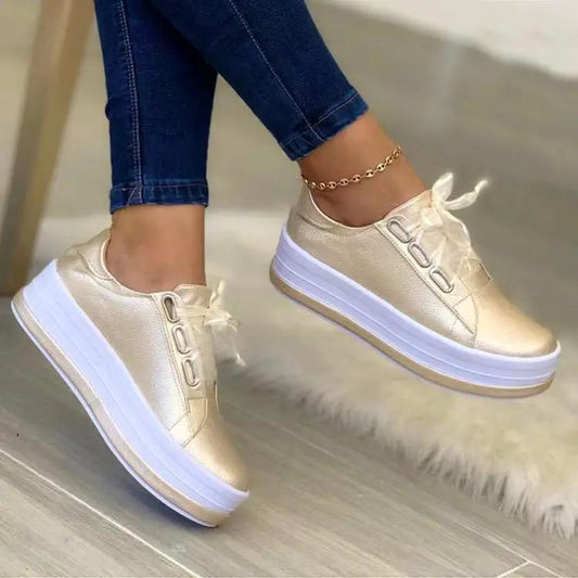AdTec gold metallic platform lace-up sneakers, round toe, white sole, pair